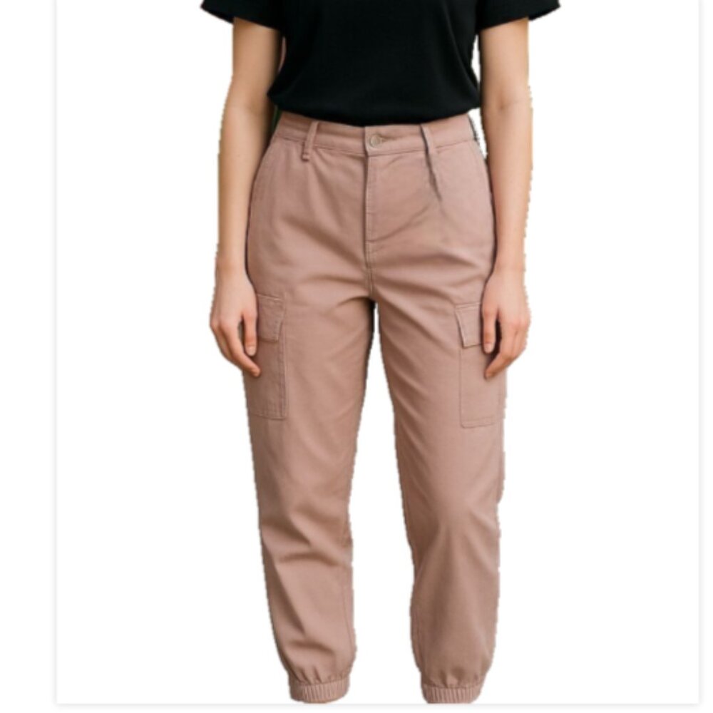 NWT Women’s Cargo Jogger Pants Size L Beige Khaki 100% Cotton Elastic Waist Cuff